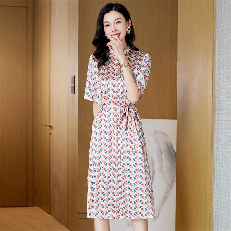 端庄大气碎花真丝连衣裙女中长款夏季2024新款超好看桑蚕丝裙子夏,女装连衣裙,阿舍尔精品