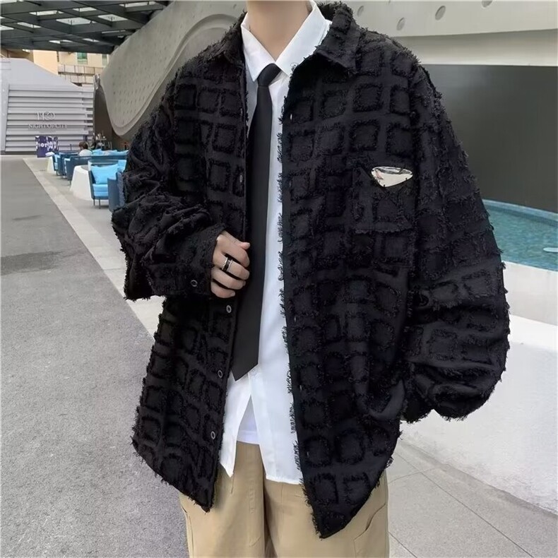 毛边棋盘格牛仔外套男高街设计感上衣春秋季美式潮牌宽松工装夹克,男装工装外套,星座715-4