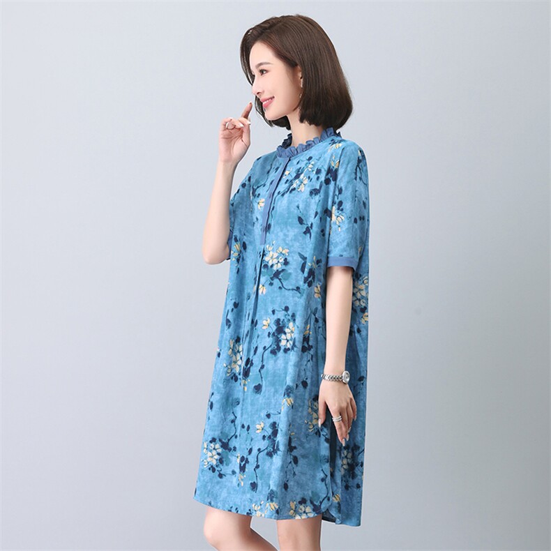 连衣裙女2024新款夏季洋气直筒加肥大码小个子妈妈高贵棉麻风裙子,女装连衣裙,依恋蒂丝