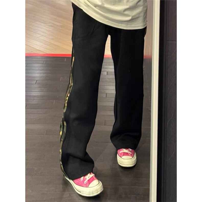 迷彩条纹白花灰裤子男女美式复古重磅潮牌卫裤直筒情侣休闲运动裤,男装休闲裤,星座506A
