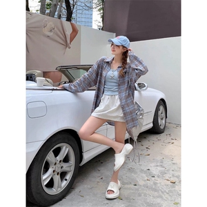 TC598-P45格纹衬衫女夏季2026新款韩系宽松懒惰风衬衣防晒上衣图片