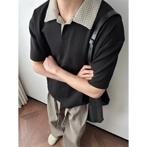 千鸟格拼接polo衫短袖男夏季老钱风复古正肩T恤重磅半袖TXT65图片