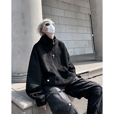 春秋复古假两件鹿皮绒加厚连帽半拉链外套XZ301AW001P65，女装短外套，星座301A