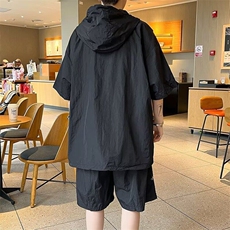 工装短袖套装男士夏季薄款休闲连帽速干防晒衣户外骑行运动服T05，男装休闲套装，星座310B-1