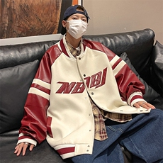 PU呢料拼接棒球服宽松港风欧美情侣夹克男皮衣A071-PY188-P100，男装夹克，电商A071