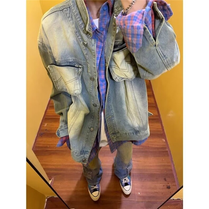 美式复古立体拉链口袋做旧牛仔外套男潮高街宽松夹克LJK89333-P62,男装工装外套,星座1008