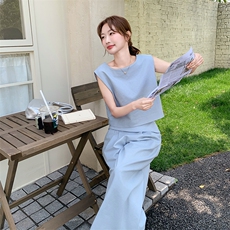 蓝色无袖上衣休闲裤套装2025新款女初夏松弛感穿搭流行ootd一整套，女装套装/套裙，2C255