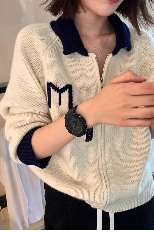 秋冬新款翻领开衫女拉链宽松M字母polo领针织衫韩版毛衣外套,女装羊毛衫,德聚羊绒