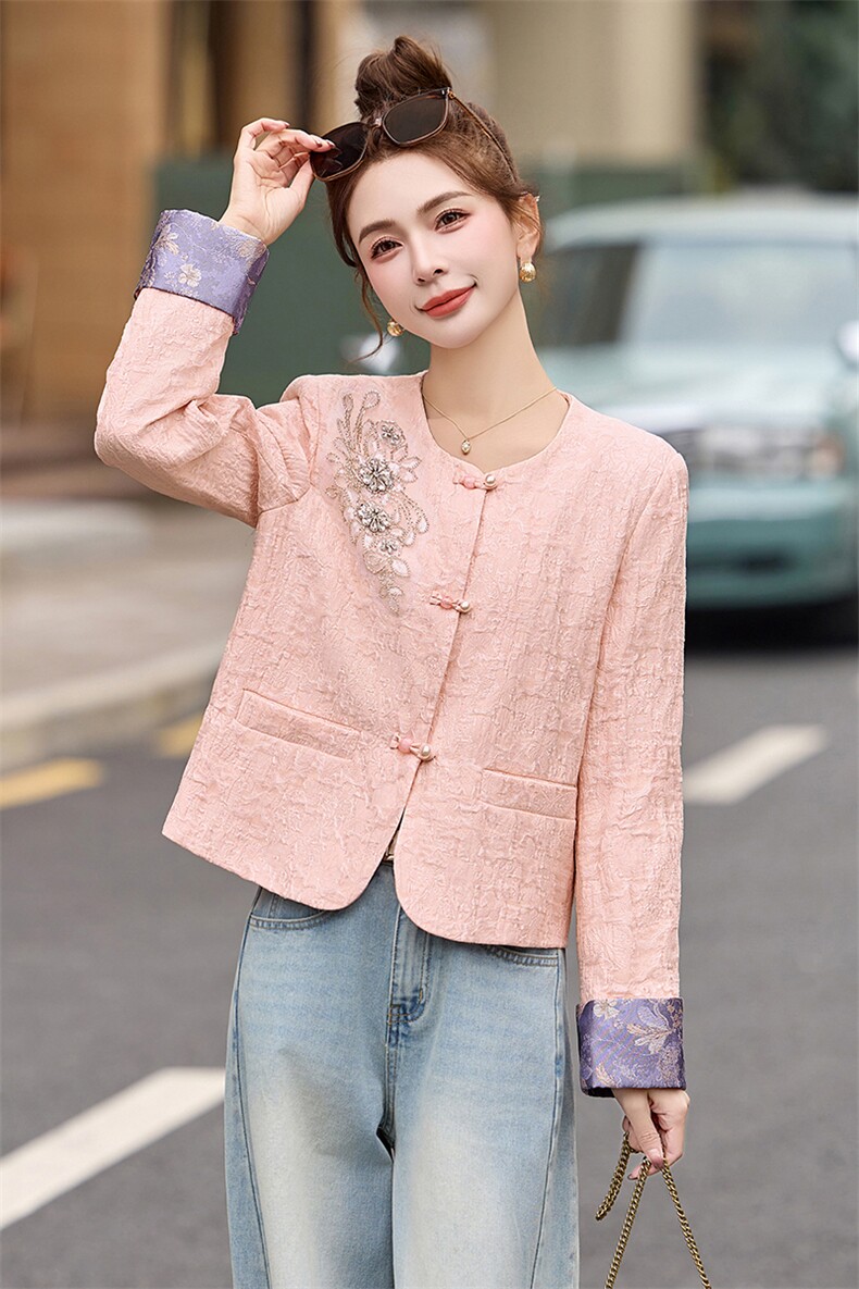 粉色新中式刺绣短款外套女2025春夏新款洋气减龄薄款盘扣唐装上衣,女装短外套,依如秀(原杭风阁)