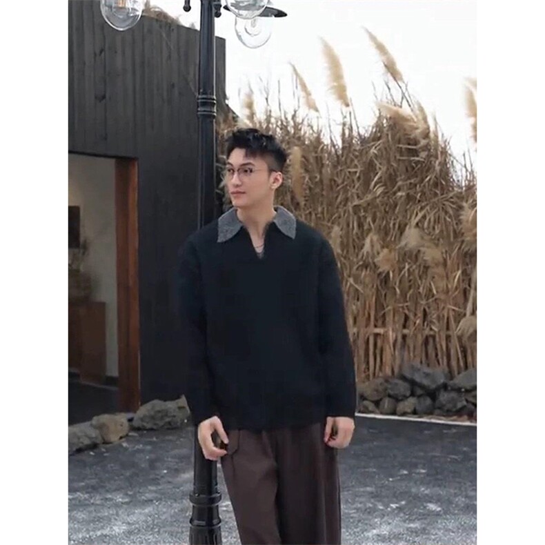 重磅北极绒假两件衬衫领毛衣美式高街复古休闲慵懒纯色翻领针织衫，男装针织衫/毛衣，电商A486-1