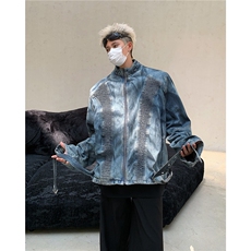 2024秋季ins潮牌重工艺立领拉链牛仔夹克男下摆腰带外套W6228-P88，男装夹克，星座412-3