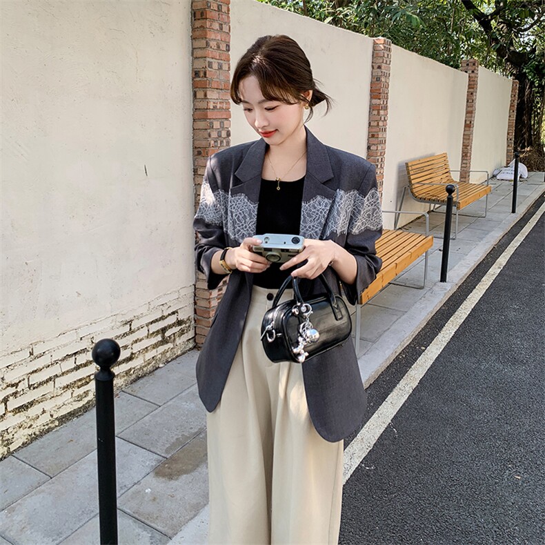 蕾丝拼接灰色西装外套女2025春季新款韩系休闲气质高级感炸街西服,女装西装,浙宝069