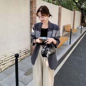 蕾丝拼接灰色西装外套女2025春季新款韩系休闲气质高级感炸街西服图片