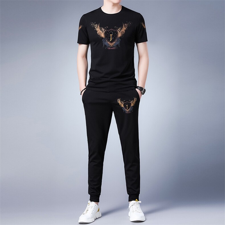 短袖T恤男套装2023夏季男士休闲裤时尚潮流宽松休闲百搭上衣体恤，男装休闲套装，电商B212（原钱塘6029）