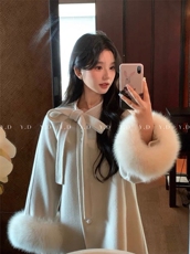 【依嘟】高级感红色狐狸毛蝴蝶结2025秋冬女羊毛外套(配可拆，女装双面呢大衣，依嘟服饰