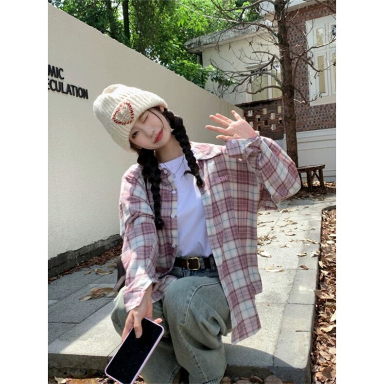 TC559-P45韩系小众设计感格纹长袖宽松衬衫女潮牌休闲衬衣,女装衬衫,星座617A-2