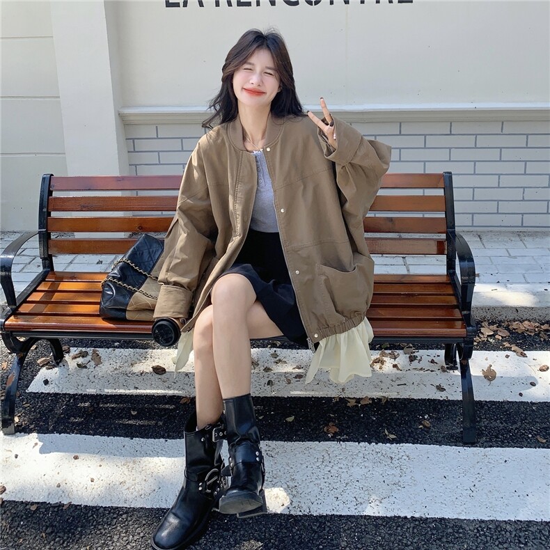 秋款棒球服领拼接不规则鱼尾下摆宽松外套2C050-1290-P170-K268,女装短外套,2C050