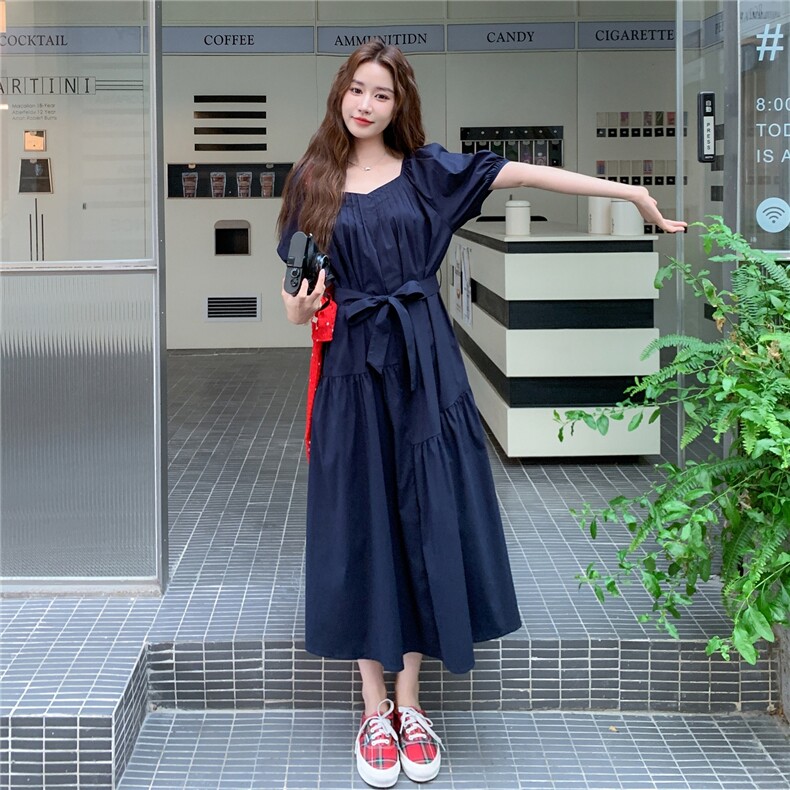 法式泡泡袖连衣裙女2025夏季新款小个子超好看时尚气质收腰长裙,女装连衣裙,2C273