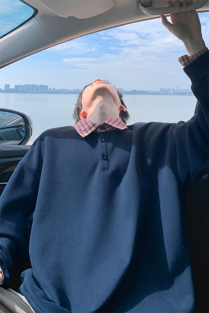 新款420g重磅华棉格子休闲拼接大码polo领卫衣男W5433-特P50控98,男装卫衣,电商A001-1