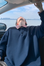新款420g重磅华棉格子休闲拼接大码polo领卫衣男W5433-特P50控98，男装卫衣，电商A001-1