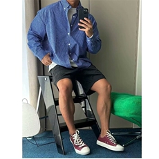 蓝色格子衬衫长袖男春秋美式复古格纹痞帅高级感宽松百搭休闲衬衣，男装衬衫，星座506A