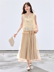 夏季新款现货！2026新中式重工洋气百搭款马甲+百褶半裙两件套女，女装套装/套裙，央宝儿
