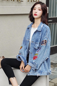 重工OVERSIZE刺绣牛仔外套女春秋新款宽松显瘦破洞图片