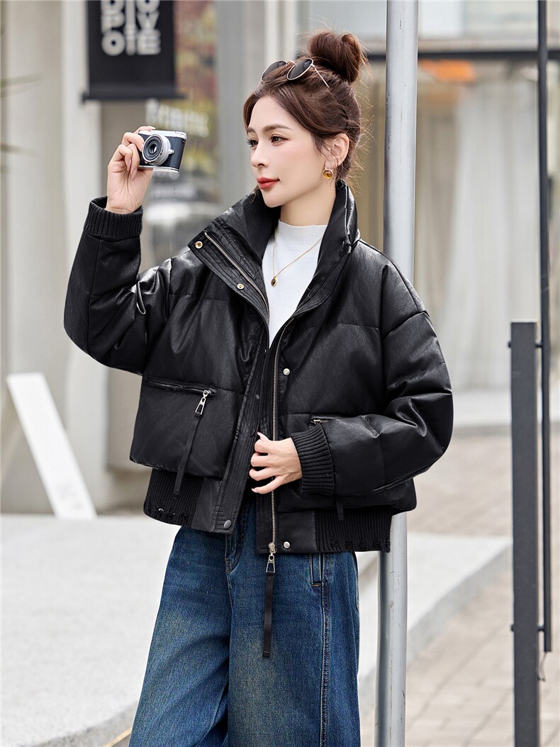 小个子短款PU皮羽绒服女2026年冬装新款白鸭绒洋气时髦免洗外套潮,女装羽绒服,意芙