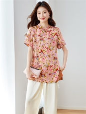 新中式人丝印花国风衬衫女薄2025夏季新款气质衬衫T恤休闲一整套，女装衬衫，新依时派