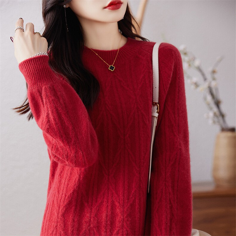 秋冬新款女士中长款毛衣纯色羊毛上衣宽松圆领针织打底小衫，女装羊毛衫，哲奥羊绒