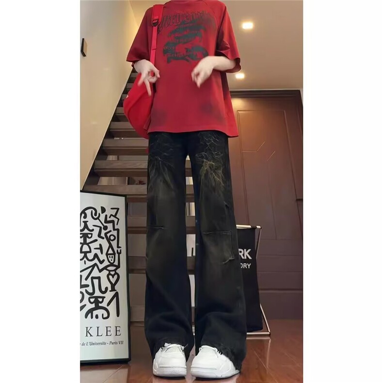 黑色扎染渐变牛仔裤男款潮牌痞帅微喇牛仔裤高腰直筒牛仔裤男,男装牛仔裤,星座506A