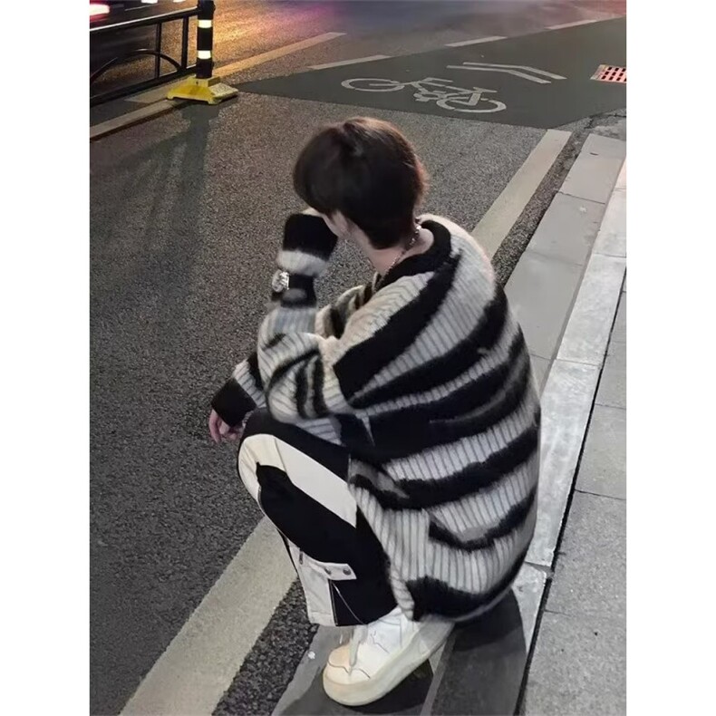 现货条纹复古毛衣男潮牌秋冬慵懒oversize情侣针织衫LA60111-P46,男装针织衫/毛衣,星座1008