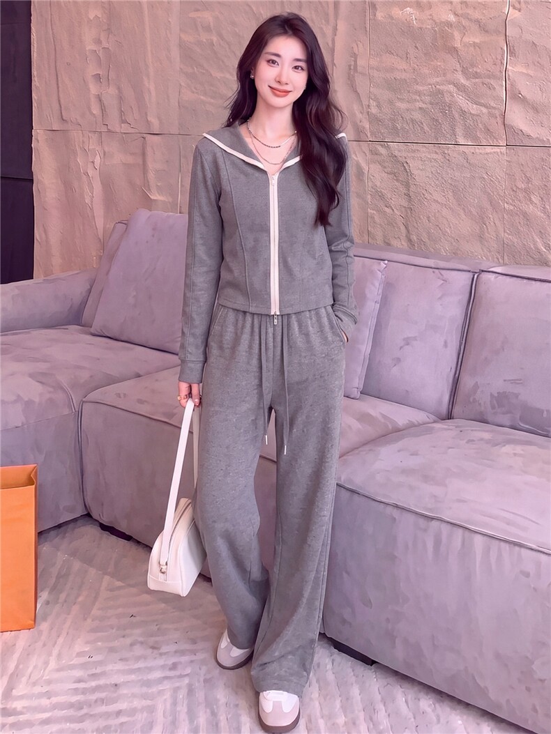 欧货休闲时尚套装女春秋灰色短款双头拉链长袖卫衣阔腿长裤两件套,女装套装/套裙,江南