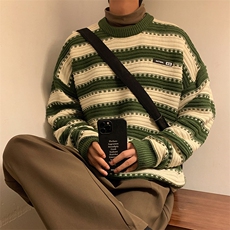 现货日系复古条纹圆领毛衣男春秋季慵懒风宽松针织衫M1037-P38，男装针织衫/毛衣，星座512-2