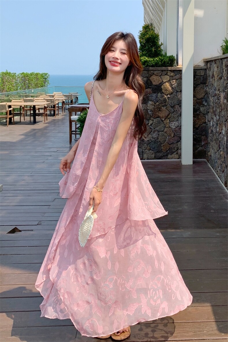 甜美小清新无袖吊带挂脖式连衣裙仙女风夏季裙子纯色,女装连衣裙,2C086
