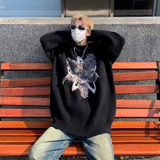 美式复古设计感圆领套头针织毛衣磨破星星毛巾绣毛衣P48，男装针织衫/毛衣，四季星座218-1