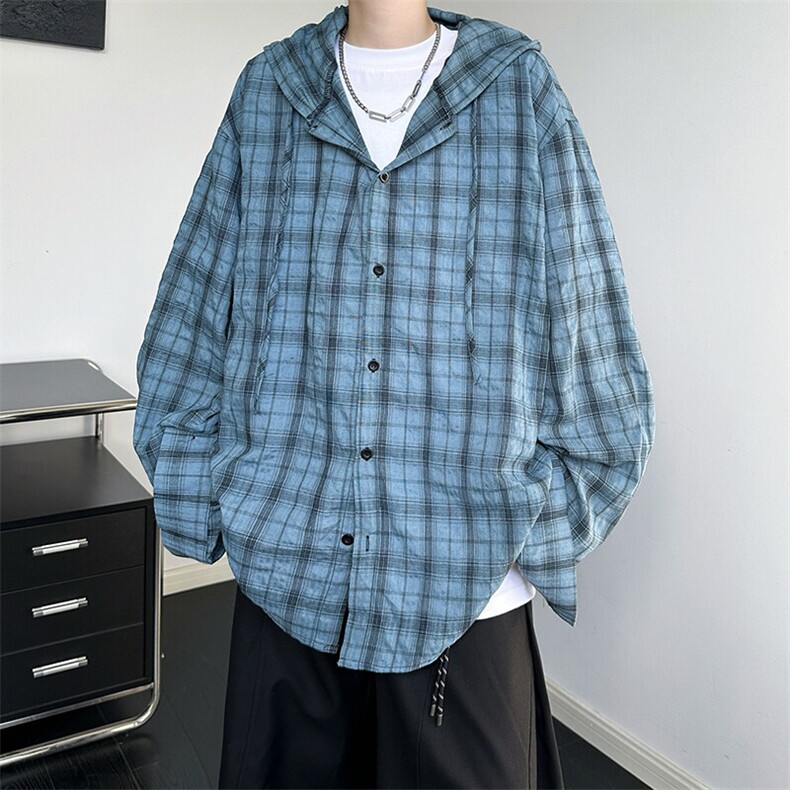 廓形防晒衬衫男夏季长袖冰丝薄款亚麻格子衬衣开衫外套CS29006P50,男装衬衫,电商B312
