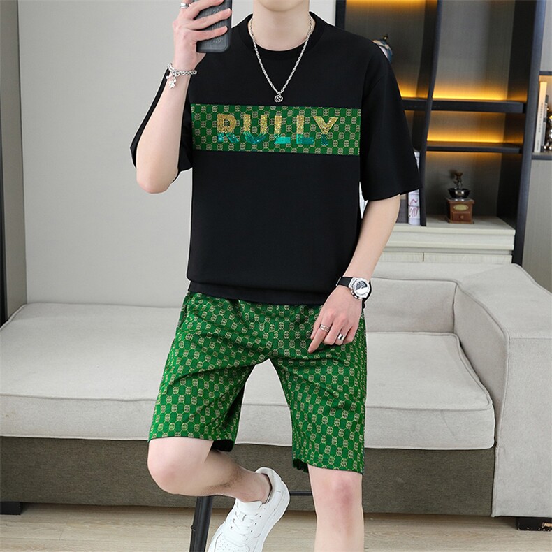 新款短袖t恤套装男夏季薄款休闲运动服潮牌印花华夫格短裤两件套,男装休闲套装,星座1801
