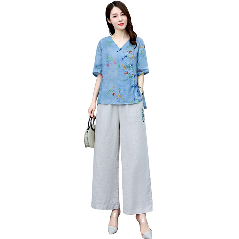 时尚绣花苎麻阔腿裤套装女2024年夏季休闲宽松高端妈妈棉麻两件套,女装套装/套裙,凝聚力