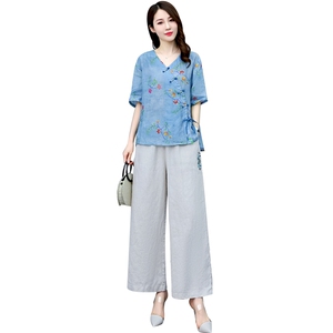 时尚绣花苎麻阔腿裤套装女2024年夏季休闲宽松高端妈妈棉麻两件套图片