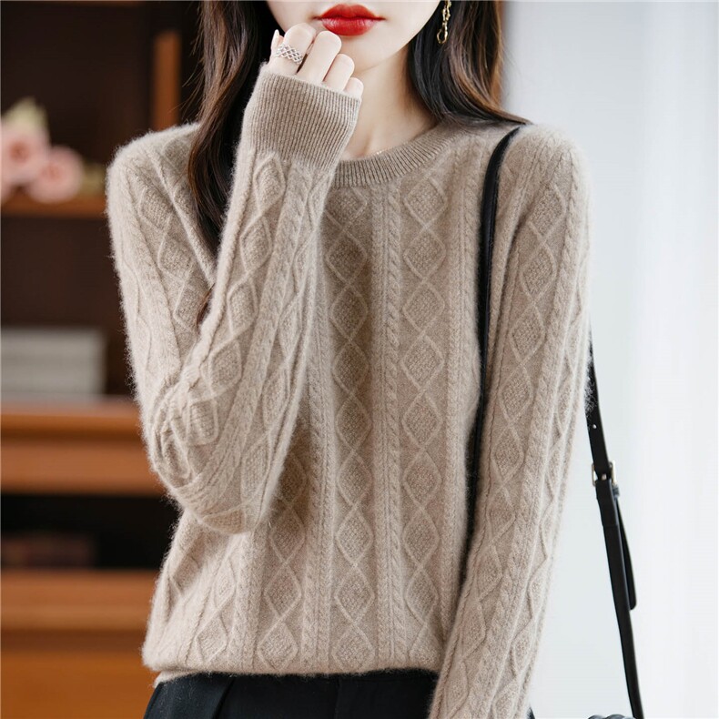 25秋冬新款纯色圆领毛衣女套头长袖上衣百搭绞花100纯羊毛针织衫，女装羊毛衫，绒汀羊绒
