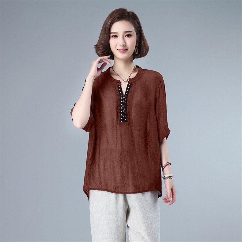 时尚宽松大码女装上衣夏季新款舒适百搭V领短袖衬衫，女装大码女装，秋牧寒烟