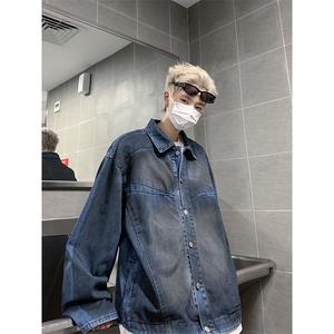 港风秋款男牛仔夹克衫渐变色扎染单排扣休闲外套JK3350 P72图片