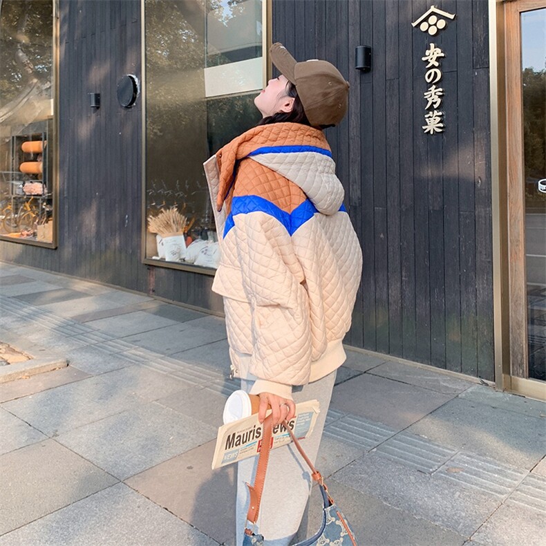 新款现货小个子撞色菱形格棉衣,女装棉衣/棉服,菡迪欧娜