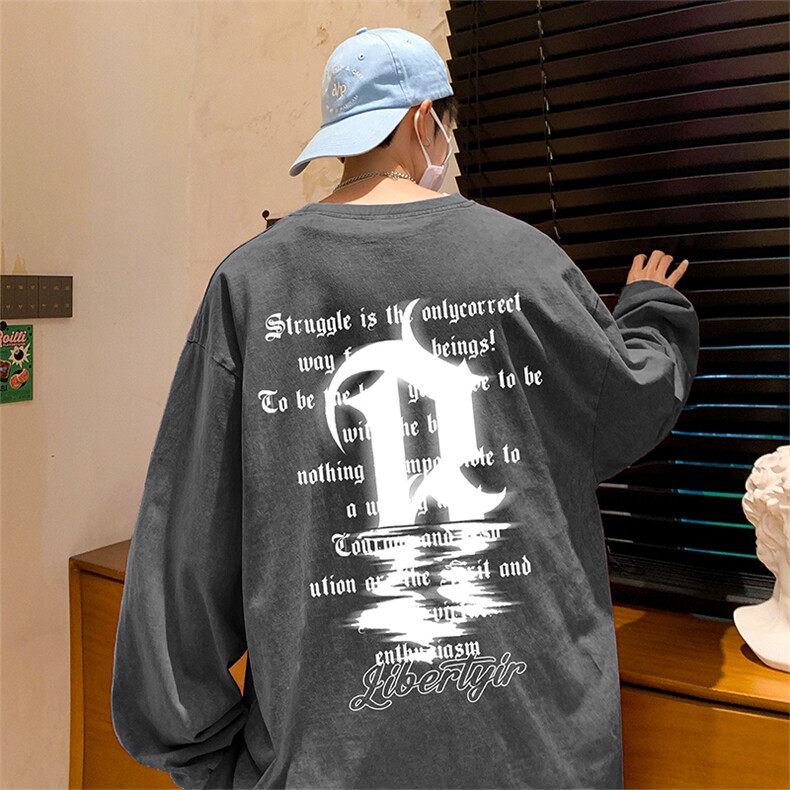 直播品质重磅纯棉美式蜡染水洗做旧潮牌宽松长袖t恤CT332特P38,男装T恤,电商A486