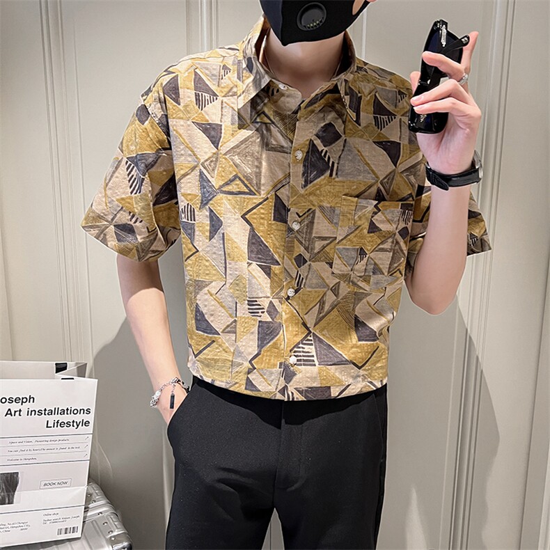 23纯棉印花短袖衬衫宽松男装社会小伙潮流半袖衬衣TZ92P50控78，男装T恤，电商B413