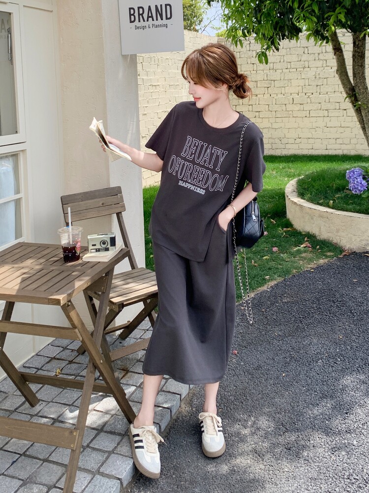 韩版时尚慵懒风印花T恤套装裙女2025年夏季新款半身裙两件套潮,女装套装/套裙,2C206