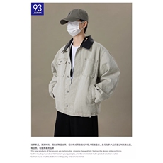 JK8967-P65灰色拼接pu皮领牛仔外套男女秋冬款中性工装褂子，男装工装外套，电商B323A