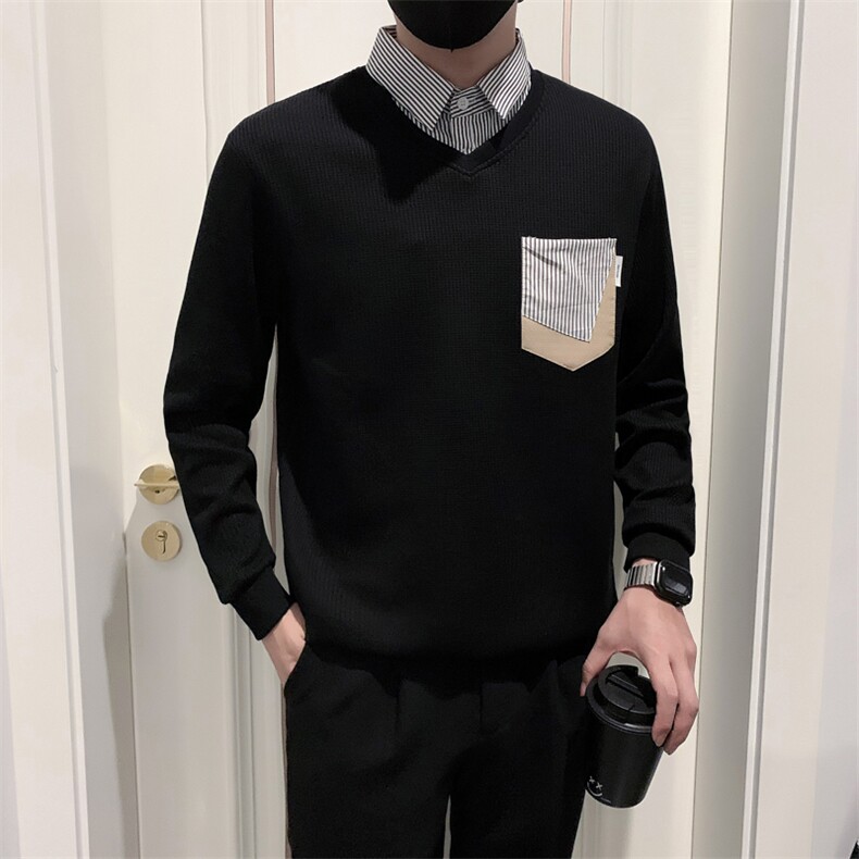 B340WY1801P6898店主风无头风衬衫领假两件卫衣男,男装衬衫,电商B340