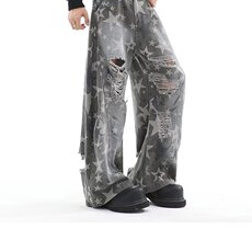 美式高街刀割破洞树叶迷彩工装裤牛仔裤男1001-1-QK55-P60，男装牛仔裤，星座1001-1